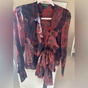 Lauren Ralph Lauren Red and Black Patterned Silk Top